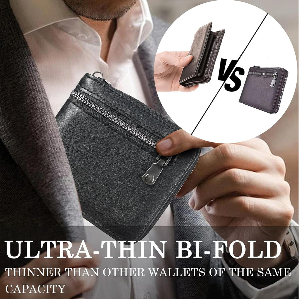 Vintage Genuine Leather Zipper Short Wallet - Unisex Compact Coin Purse with Dual Zipper Pockets